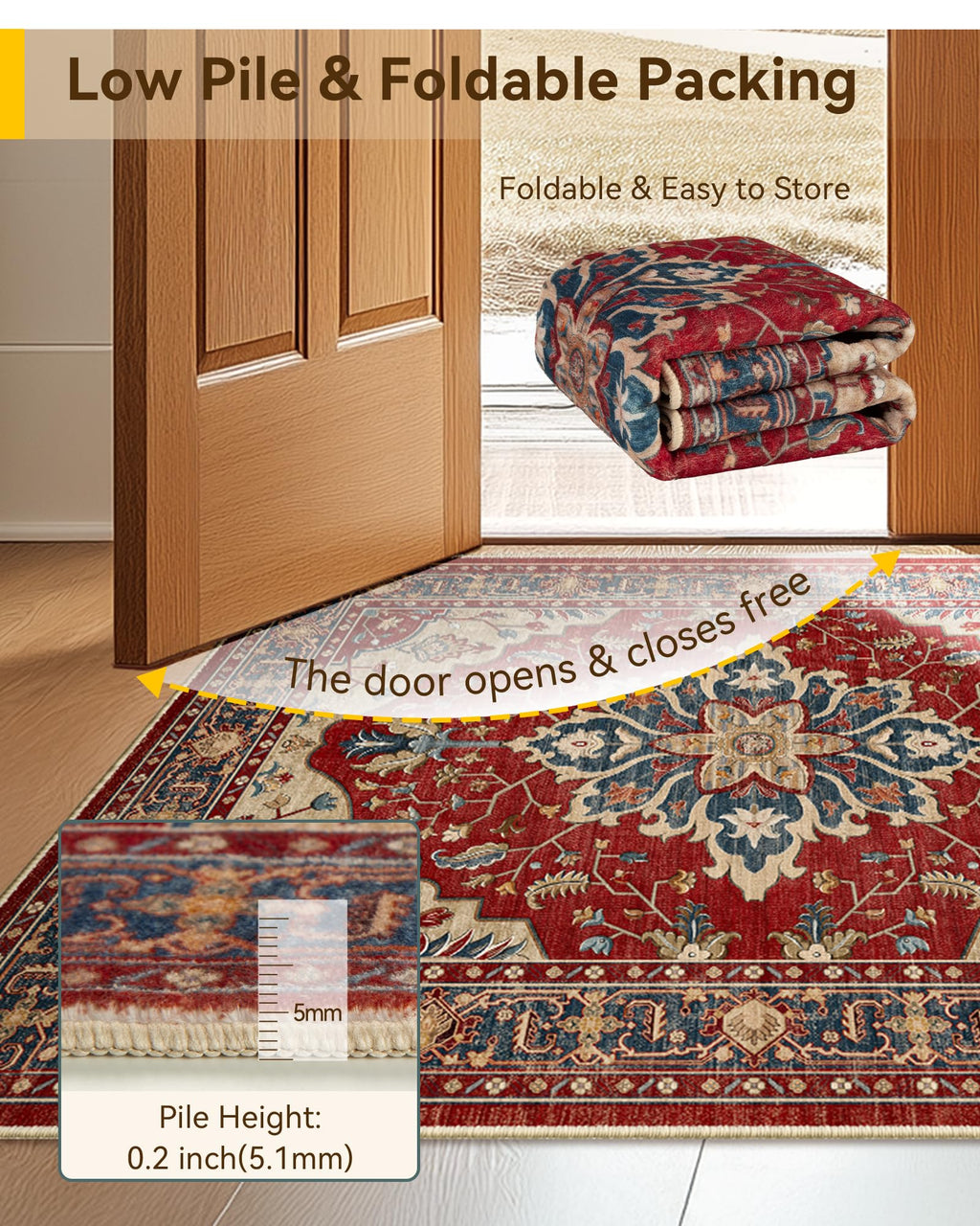 RELEANY Washable Area Rug, 8'x10', Red/Blue