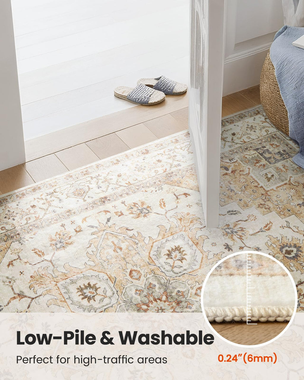 AMADA HOMEFURNISHING 2x6 Washable Runner Rug, Low-Profile Kitchen Rugs with Non-Slip Backing & Durable Edge Binding, Vintage Entryway Runner Rug for Bedroom & Hallway
