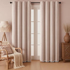 Taupe Boho Blackout Curtains 2 Panels 84 Inch for Living Room Bedroom, Blush Beige Warm Linen Texture Farmhouse Curtains with Tassels and White Cotton Embroidery Vintage Rustic Country Western