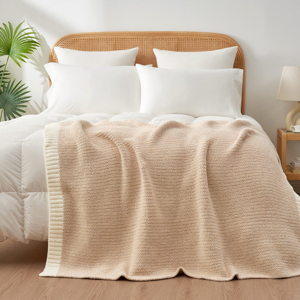Snuggle Sac Heather Throw Blanket for Couch, Reversible Super Soft Blankets Warm Cozy Knit Fuzzy Plush Lightweight for Sofa, Bed, Camping, Picnic (Heather Beige, Throw-XL(50"x 70"))