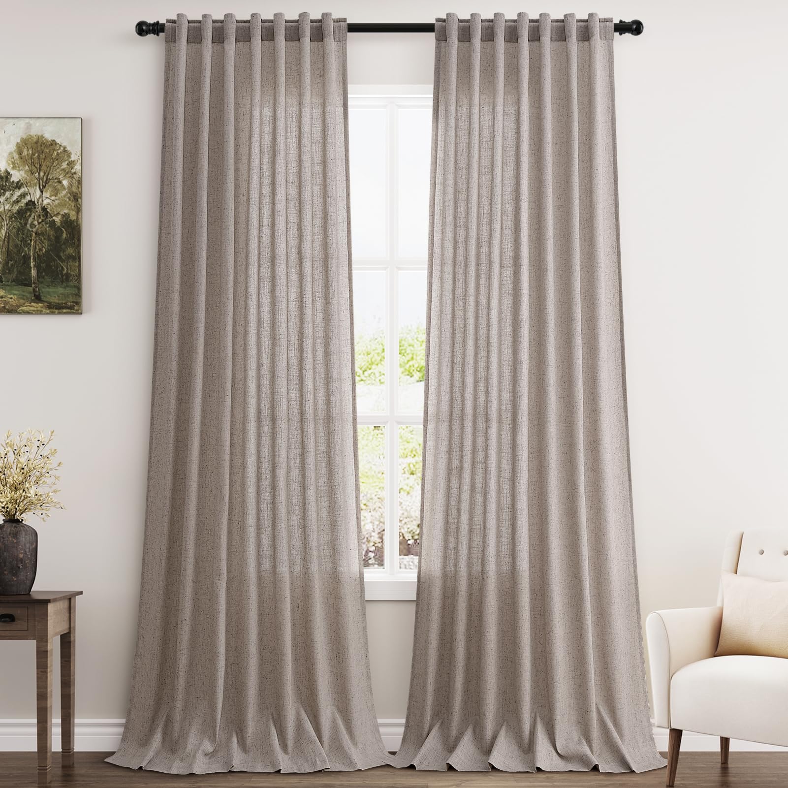 Brownish Grey Linen Curtains 96 Inches Long for Living Room Back Tab Vintage Rustic Farmhouse Light Filtering Curtain Burlap Textured Linen Drapes 96 Inch Length for Dinning Room Bedroom 52x96 8 FT