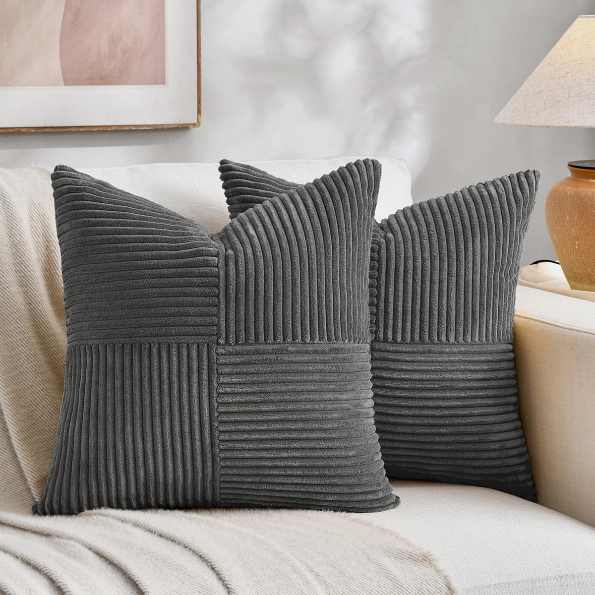 Fancy Homi 2 Packs Blush Pink Euro Decorative Throw Pillow Covers 26x26 Inch for Couch Bed Bedroom, Farmhouse Boho Home Decor, Soft Corss Corduroy Patchwork Textured Square Cushion Case 66x66 cm