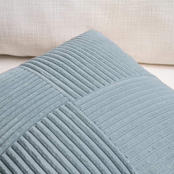 Fancy Homi Set of 2 Light Blue Samll Decorative Throw Pillow Covers 14x14 Inch with for Couch Bed Sofa, Rustic Farmhouse Boho Home Decor, Soft Cross Patchwork Corduroy Square Cushion Case 35x35 cm