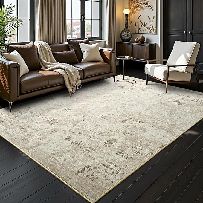 Toneed Abstract Area Rug Modern Washable Rug Soft Non Slip Rug Low Pile for Bedroom Living Room Dining Room Beige 5x7 Feet
