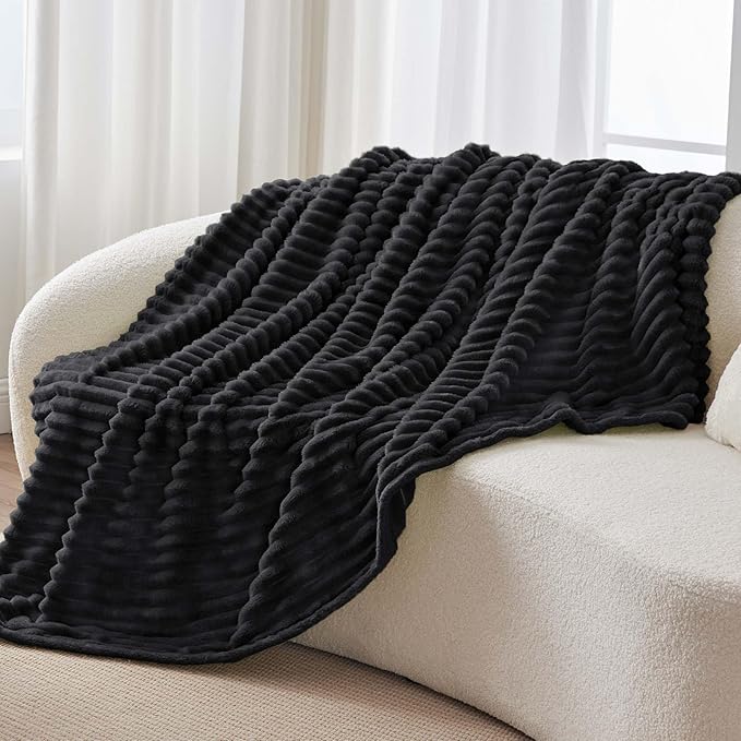 BEDELITE Ribbed Fleece Throw Blanket for Couch, Black, 50"x70"
