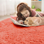 OLANLY Coral Red Round Rugs for Bedroom - Machine Washable, 3 ft Circle Area Rugs for Living Room, Soft and Fluffy Shaggy Carpet for Teen Girl and Boys, Nursery Rooms, Dorms, Home Decor Aesthetic