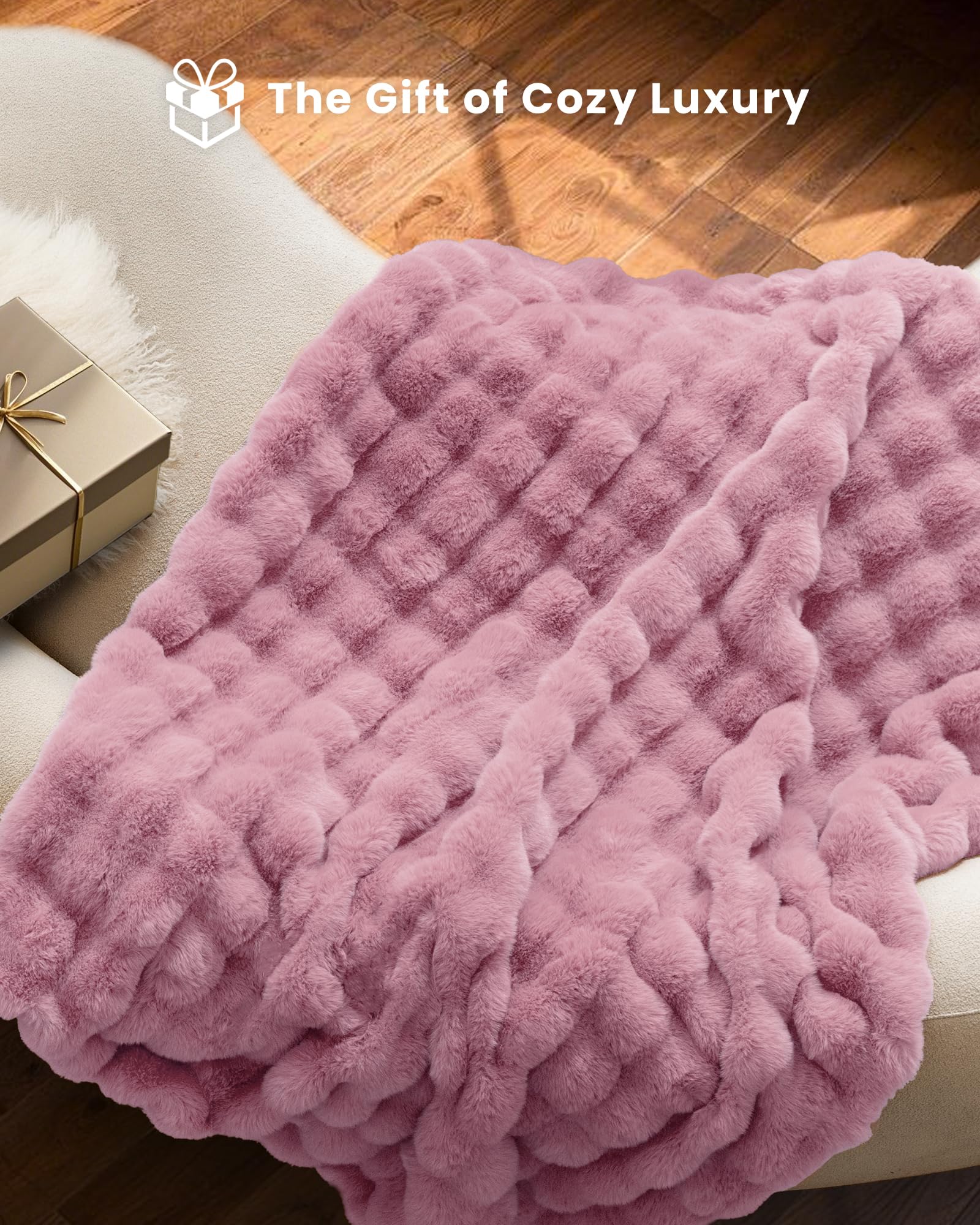 blunique Ultra Soft Cozy Faux Fur Throw Blanket, Fuzzy Plush Thick Bubble Blanket, Oversize Luxury Fluffy Blanket for Couch, Sofa, Bedroom, and Living Room,50x60 Inches,Pink