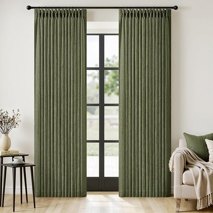 MIULEE Olive Green Pinch Pleated Linen Curtains 96 Inches Long 2 Panels