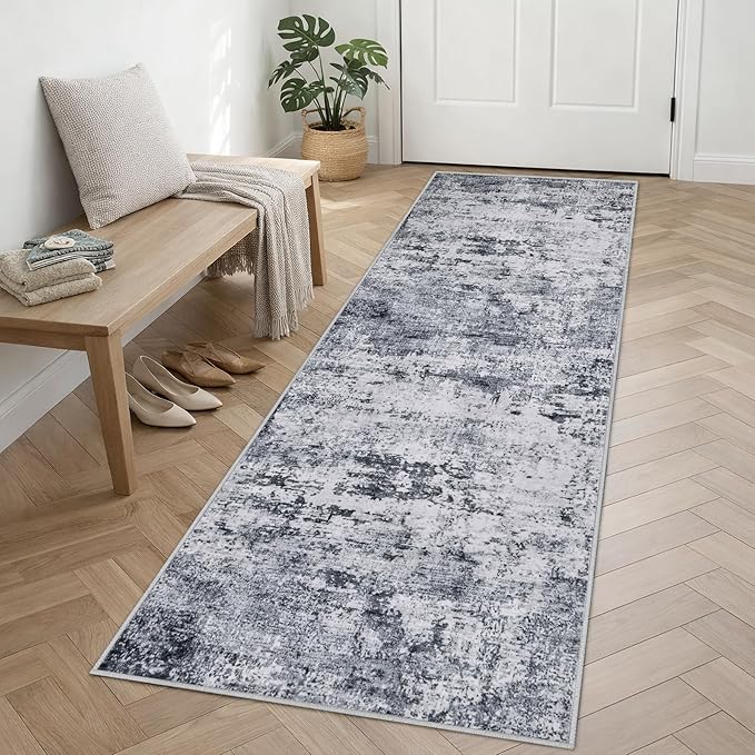 FXRHLP 2.6x8 Washable Runner Rug：Modern Abstract Kitchen Soft Carpet Grey