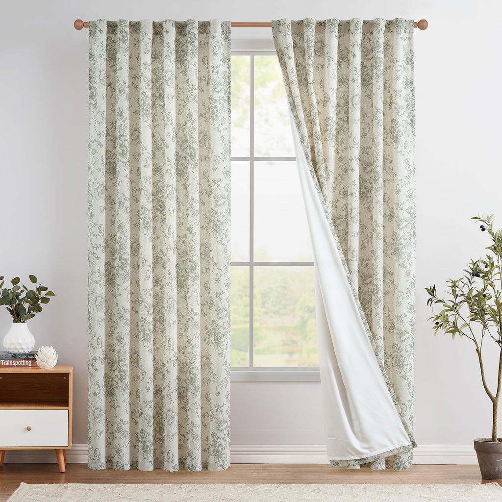 jinchan Green Floral Linen Light Filtering Curtains for Living Room 84 Inches Long