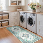 RELEANY Washable Area Rug, Runner 2'x5', Teal Green/White/Navy