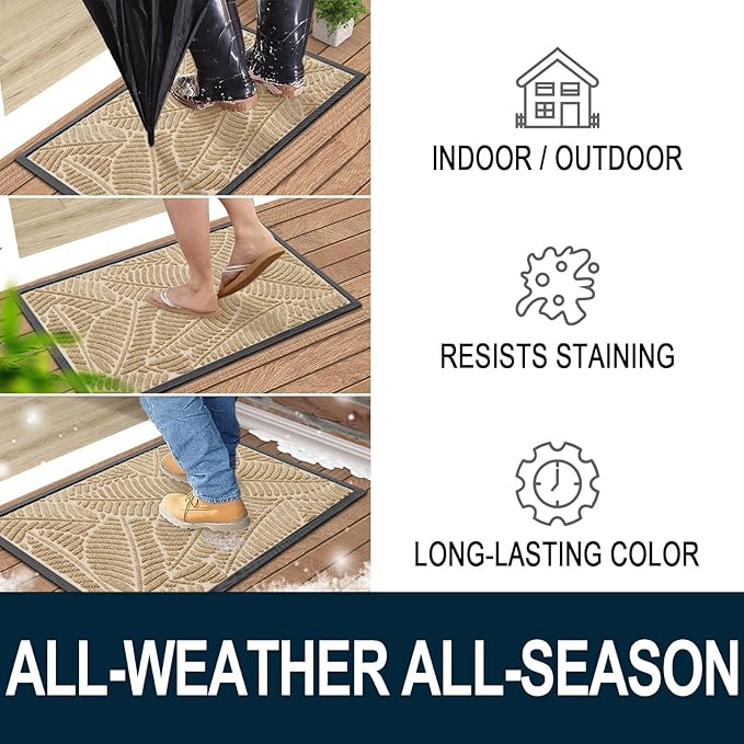 Colorxy Waterproof Doormat, Sturdy Natural Rubber Front Indoor Mat, Non Slip Low Profile Indoor Outdoor Door Mats, Stain and Fade Resistant Floor Mat, Easy Clean Patio Entrance Mat, 47''x24'', Beige