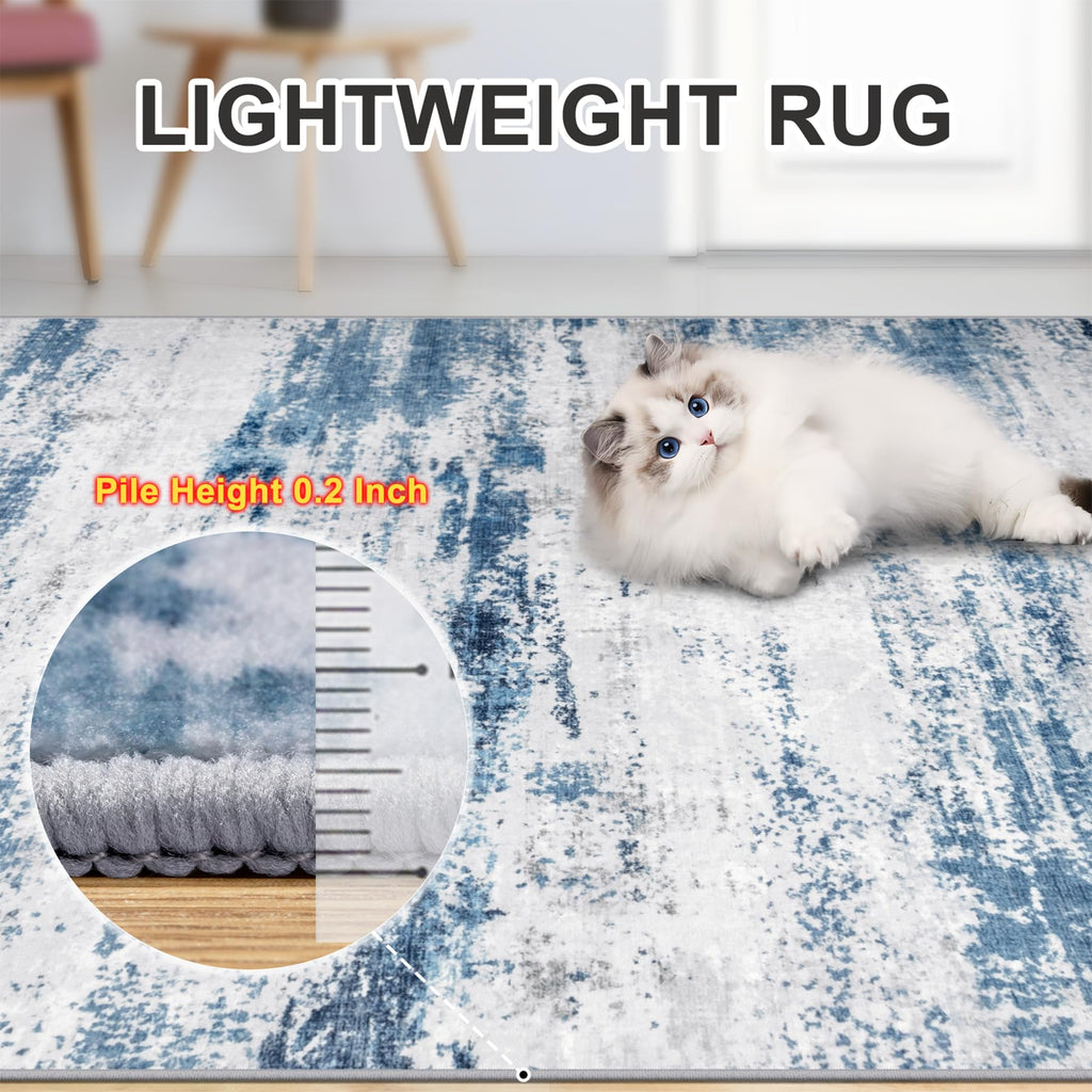 PLHXFR Area Rug Living Room: 5x7 Abstract Washable Carpet White Blue