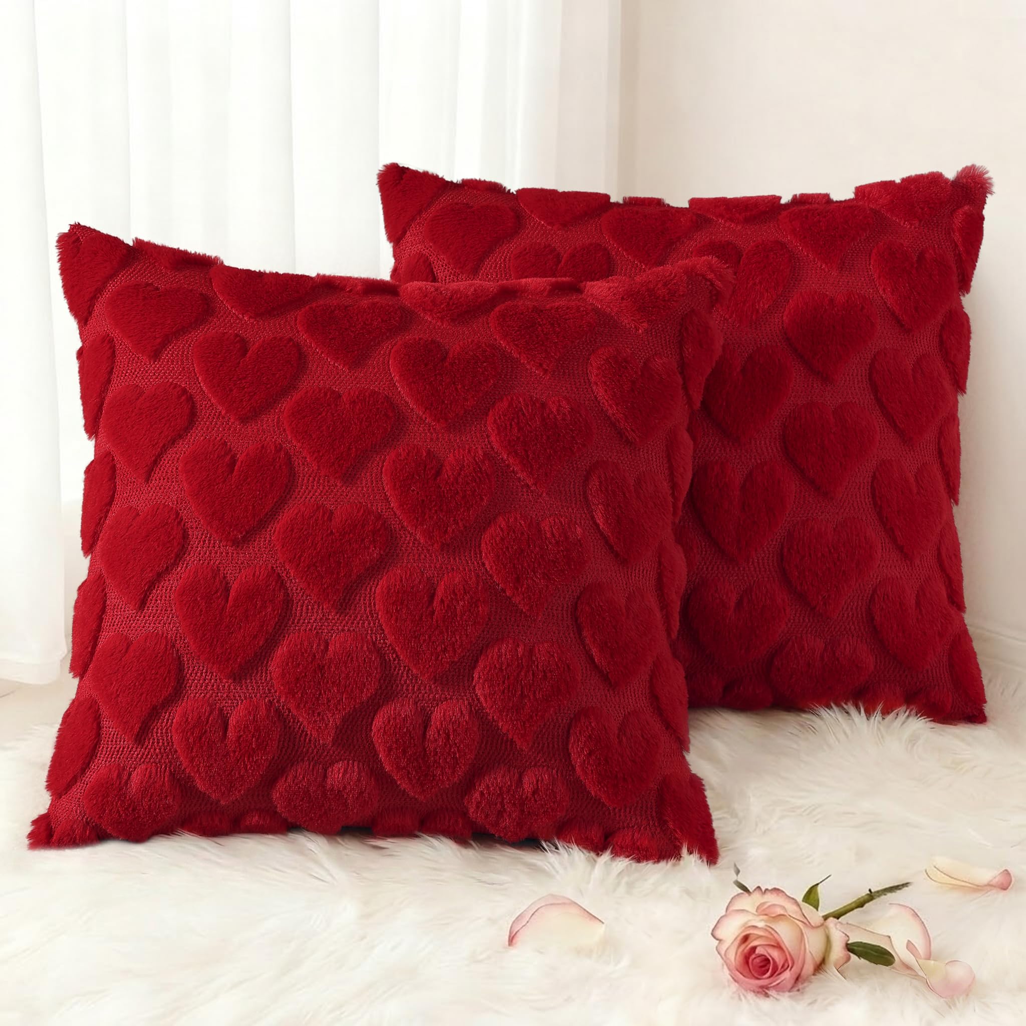 decorUhome Red Heart Cute Girl Faux Fur Throw Pillow Covers 18x18 Set of 2
