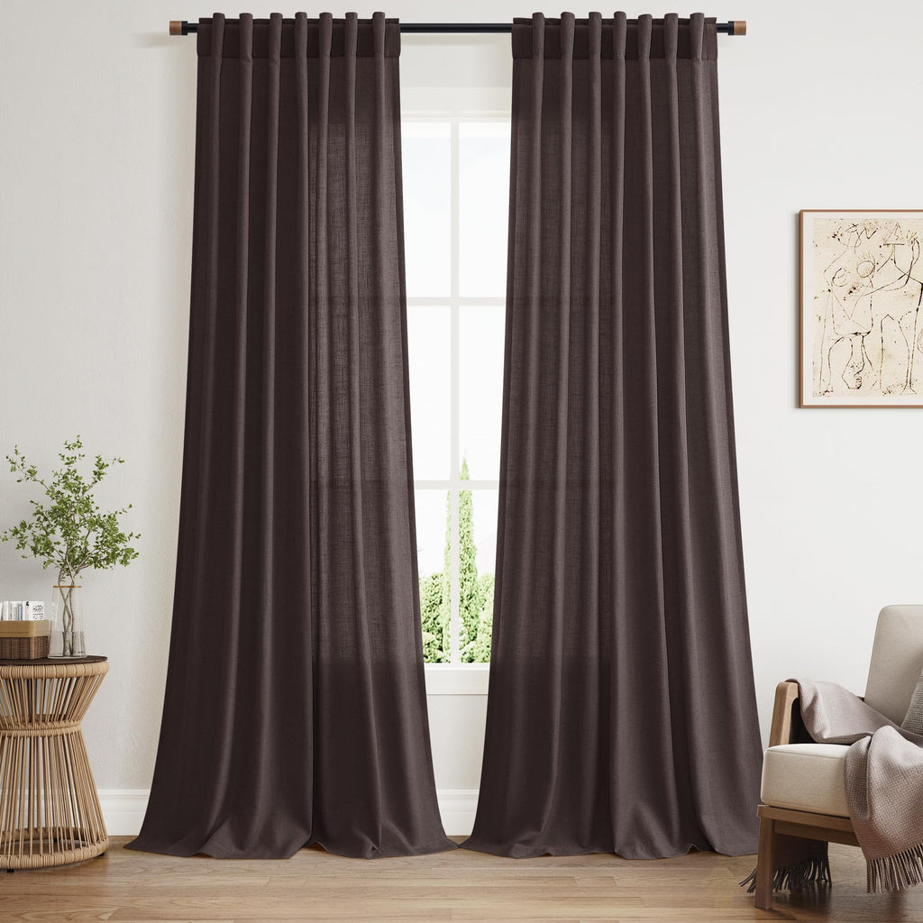 Extra Long Curtain Cocoa Coffee Morden Linen Blend Light Filtering Back Tab Curtains for Long Winodws 120 Inches Length, Semi Sheer Privacy Drapes for Living Room, 52x120 inch, 2 Panels