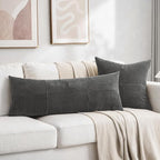 Fancy Homi Set of 2 Dark Gray Boho Long Lumbar Body Decorative Throw Pillow Cover 14x36 Inch for Bed Couch Bedroom Bench, Soft Patchwork Corduroy Textured Pillow Case, Rustic Farmhouse Room Décor