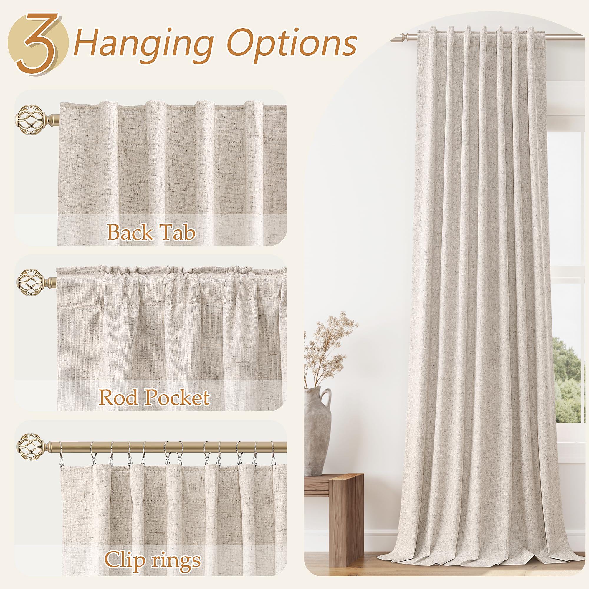 Guken Oatmeal 100% Blackout Curtains 108 Inch Length 2 Panels Set for Living Room Bedroom Back Tab Thermal Insulated Black Out Linen Drapes Room Darkening Window Curtains 108 Inches Long