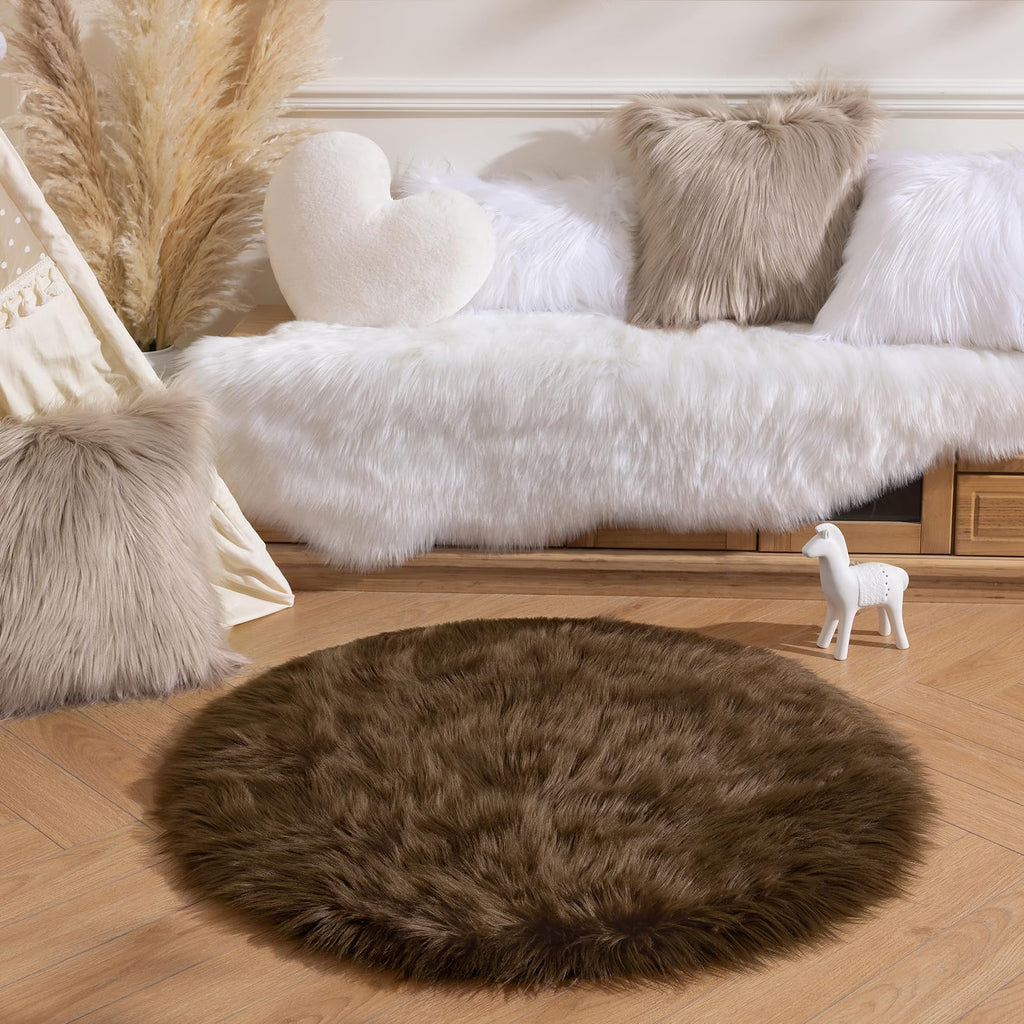 Ashler Faux Fur Rug - Fluffy Shaggy 3 x 3 Feet Sheepskin Fur, Dark Coffee Fuzzing Rug - Nursery Decor Throw for Bedroom, Living Room, Kids Room