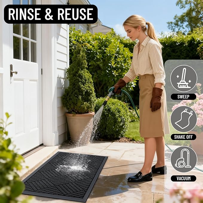 OLANLY Front Door Mat Outside Entrance 71x23, Absorbent, Heavy Duty Sturdy Natural Rubber Doormat Indoor Outdoor, Stain and Fade Resistant, Non-Slip Low Profile Floor Mat for Entryway, Black Diamond