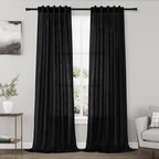 Black Linen Curtains 90 inches Long for Bedroom Back Tab Light Filtering Privacy Sheer Black Curtains Modern Farmhouse Coastal Decor Black Cotton Textured Gauze Curtain 2 Panel Set 38x90