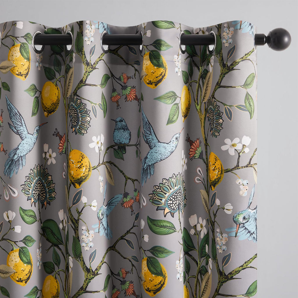 Topfinel Black Dark Floral Grey Blackout Curtains, Gray Decorative French Country Grommet Dark Academia Antique Decor Hummingbird Window Covering for Living Room Bedroom Dining,84 Inch Length