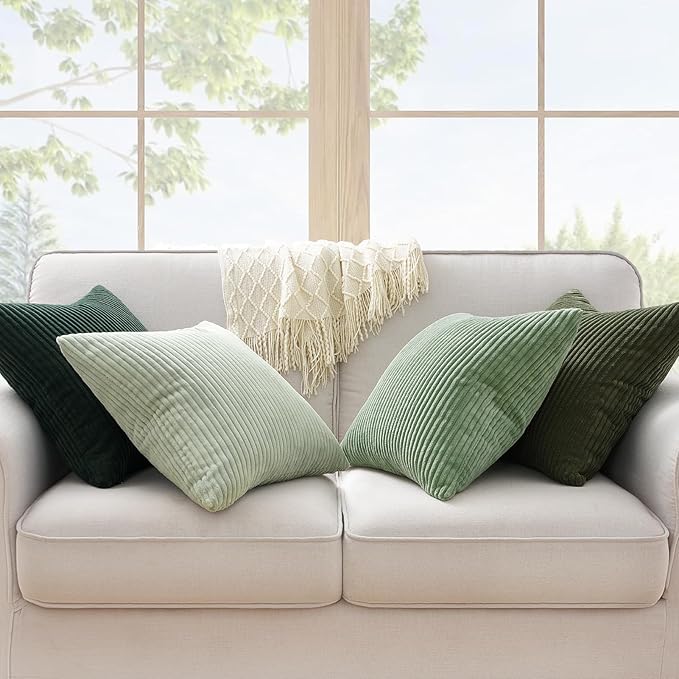 Topfinel LightGreen Couch Throw Pillows Covers 24x24 Inch Set of 4,Olive Emerald Green Corduroy Decorative Cushion Case,Rustic Fun Living Room Decor fundas para cojines