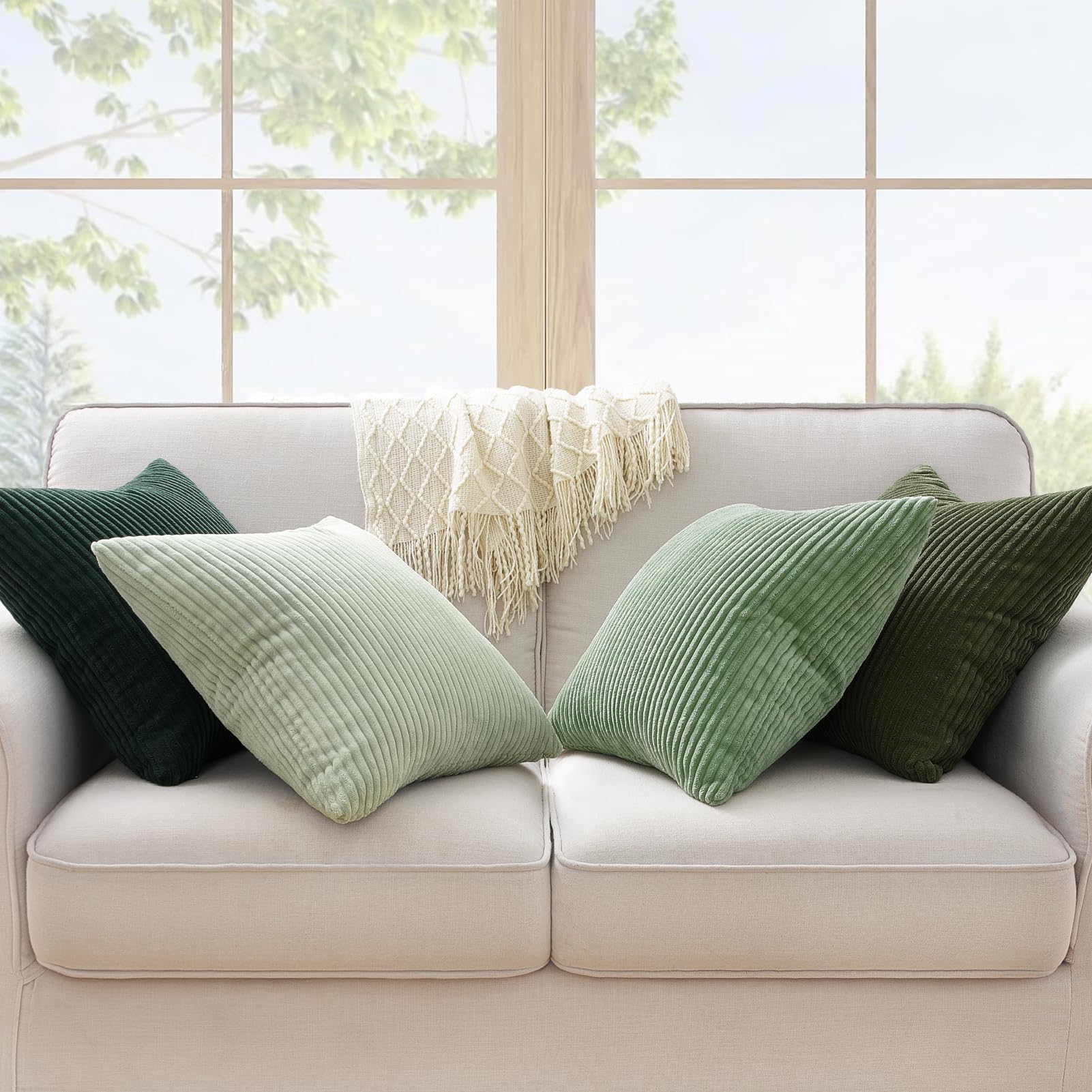Topfinel LightGreen Couch Throw Pillows Covers 24x24 Inch Set of 4,Olive Emerald Green Corduroy Decorative Cushion Case,Rustic Fun Living Room Decor fundas para cojines