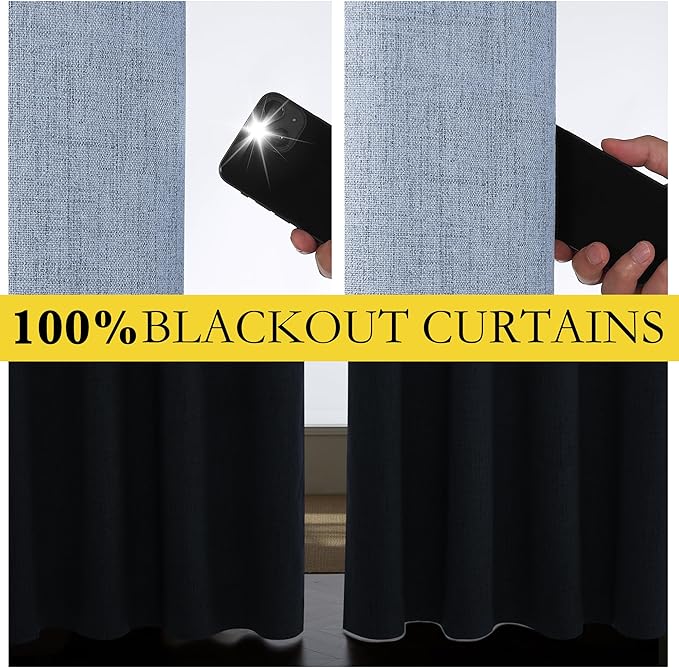 NICETOWN Stone Blue Vintage Linen 100% Blackout Curtains for Living Room, Thermal Insulated Curtains 72" Long, Noise Reducing Window Treatment Drapes for Hall Room, 52" Wide Per Panel, Set of 2