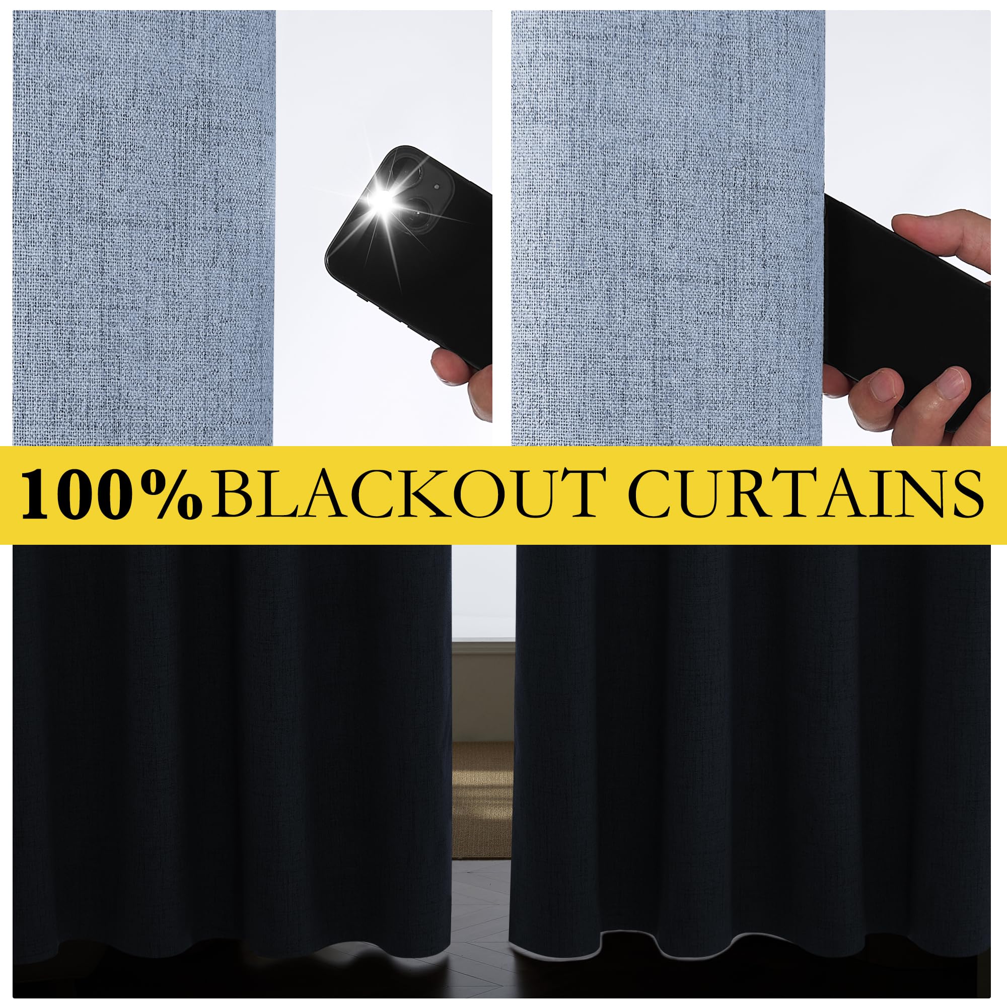 NICETOWN Stone Blue Vintage Linen 100% Blackout Curtains for Living Room, Thermal Insulated Curtains 45" Long, Noise Reducing Window Treatment Drapes for Hall Room, 52" Wide Per Panel, Set of 2
