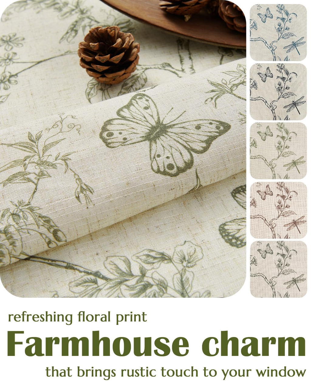 jinchan Floral Linen Curtains for Living Room 84 Inch Length Butterfly Curtain Sage Green Floral Curtains French Country Farmhouse Curtain Flower Patterned Drapes Window Treatment Set 2 Panels