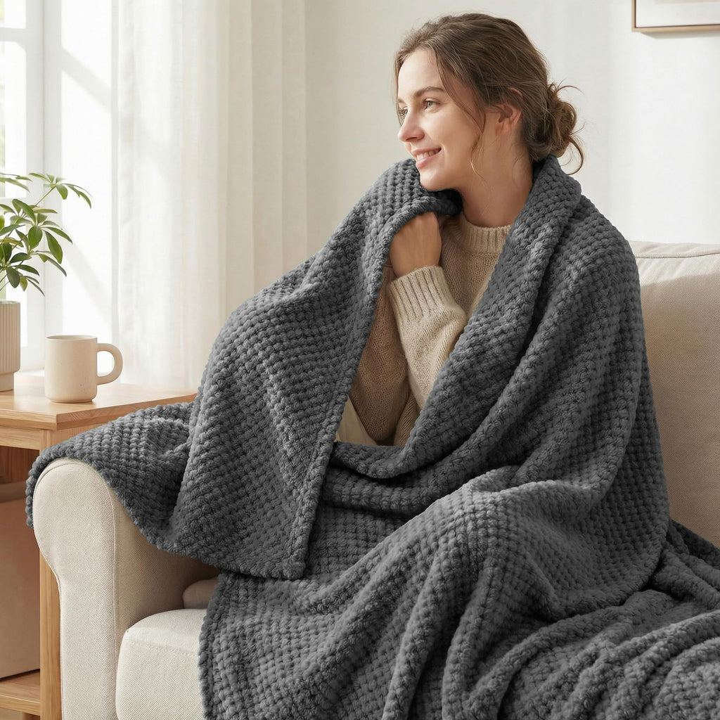 Exclusivo Mezcla Large Waffle Fleece Throw Blanket for Couch, Gray