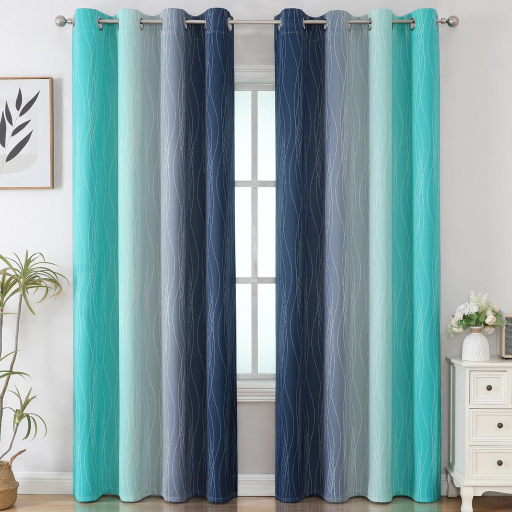 Navy Blue and Teal Gradient Blackout Curtains for Living Room 84 Inch Long