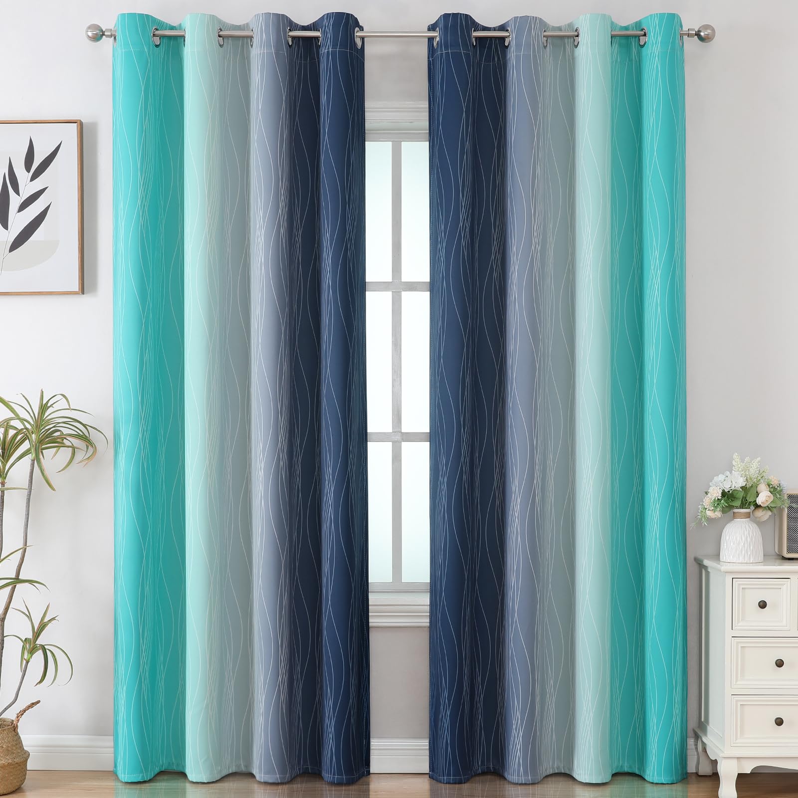 Navy Blue and Teal Gradient Blackout Curtains for Living Room 84 Inch Long