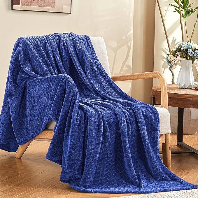 inhand Navy Fleece Queen Blanket for Bed, Super Soft Flannel Cozy Blankets for Adults, Lightweight Leaves Pattern Fuzzy Blanket for Office,Travel, Warm Plush Blankets for All Season, 90x90 Inches