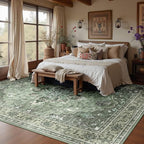 Area Rugs 9'x12' Washable Non-Slip, Floral Vintage Distress Print Pattern Medallion Carpet for Living Room Bedroom Dining Room, Dark Green Gray