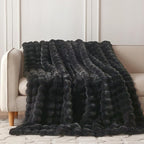 COOVA Faux Fur Throw Blanket for Couch, Cozy Soft and Fuzzy Plush Rabbit Fur Bubble Blanket for Sofa Bedroom Living Room, 50x60 Inches Black
