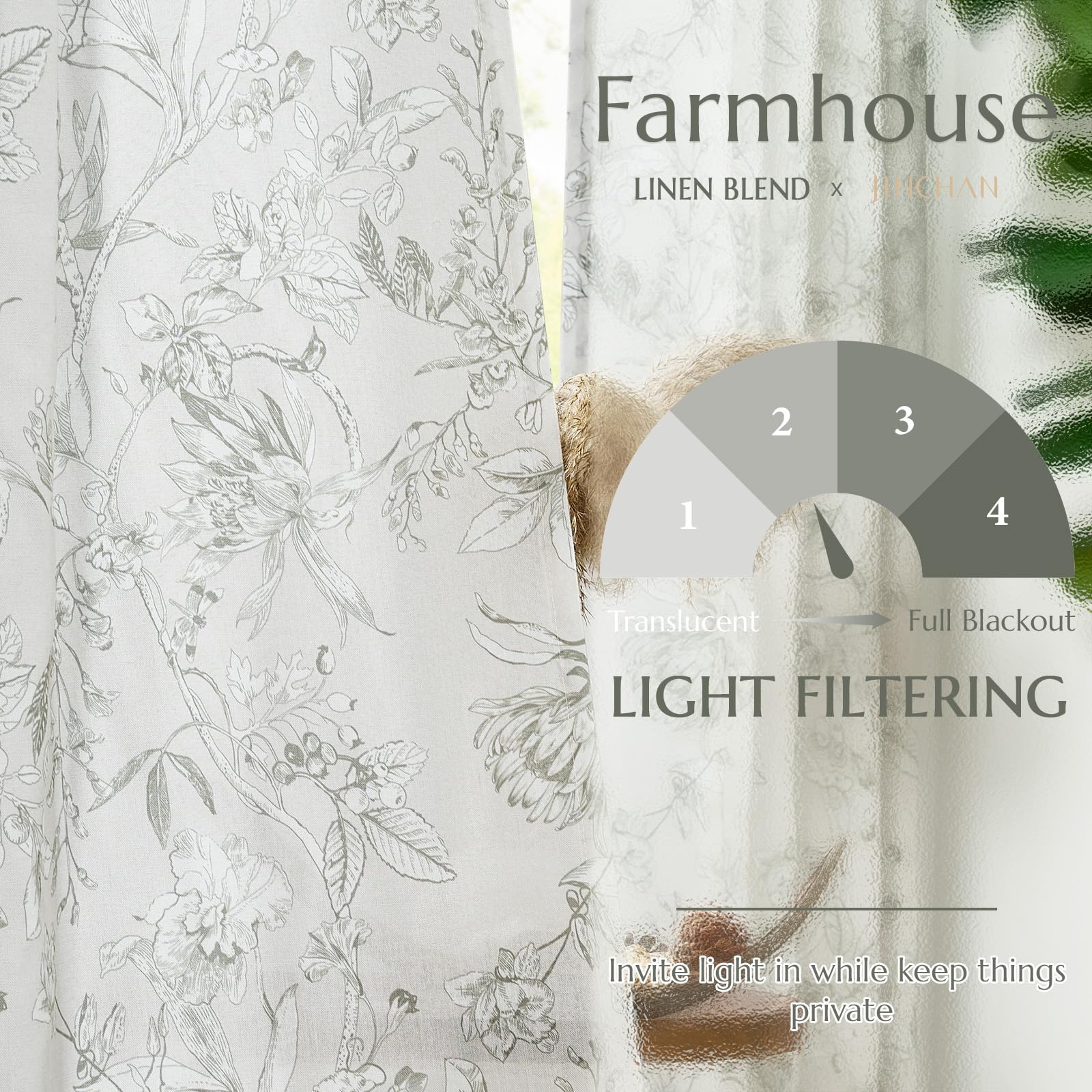 jinchan Grey Floral Linen Curtains 96 Inch Farmhouse Rod Pocket 2 Panels