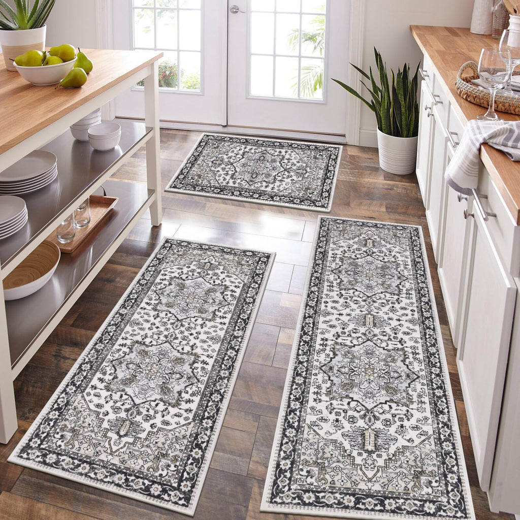 HEBE Boho Kitchen Rugs Set of 3, Non Slip Washable Kitchen Mats for Floor