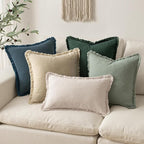MIULEE Boho Linen Fringe Decorative Throw Pillow Covers Beige 16x16