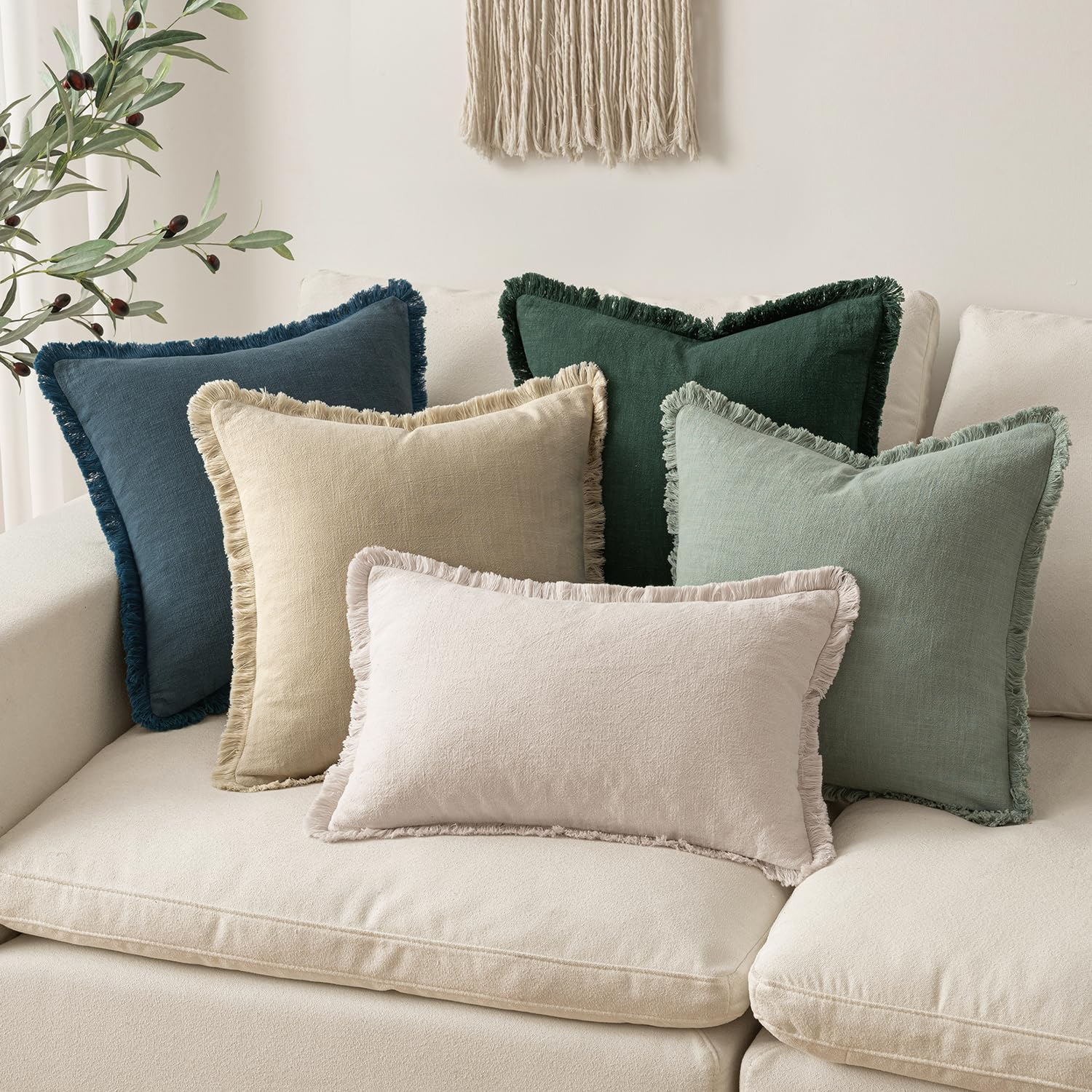 MIULEE Boho Linen Fringe Decorative Throw Pillow Covers Beige 16x16