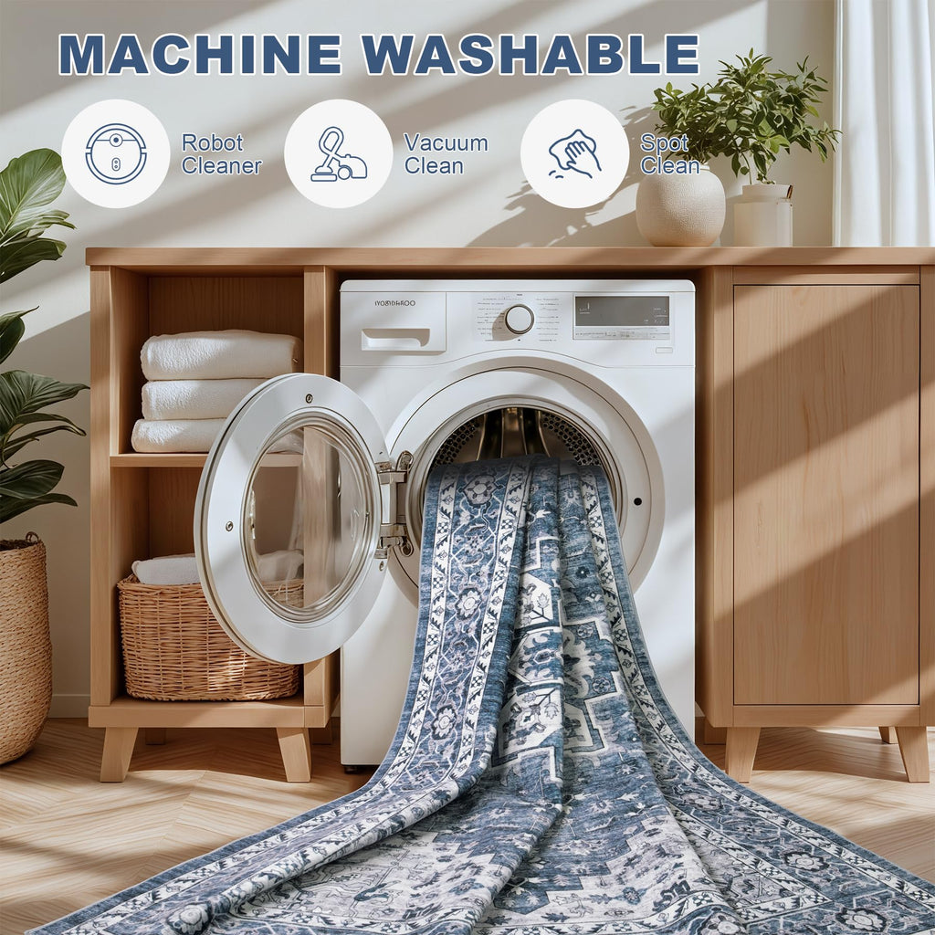 ExpediX 4x6 Area Rugs Living Room: Washable Vintage Rug for Bedroom Blue