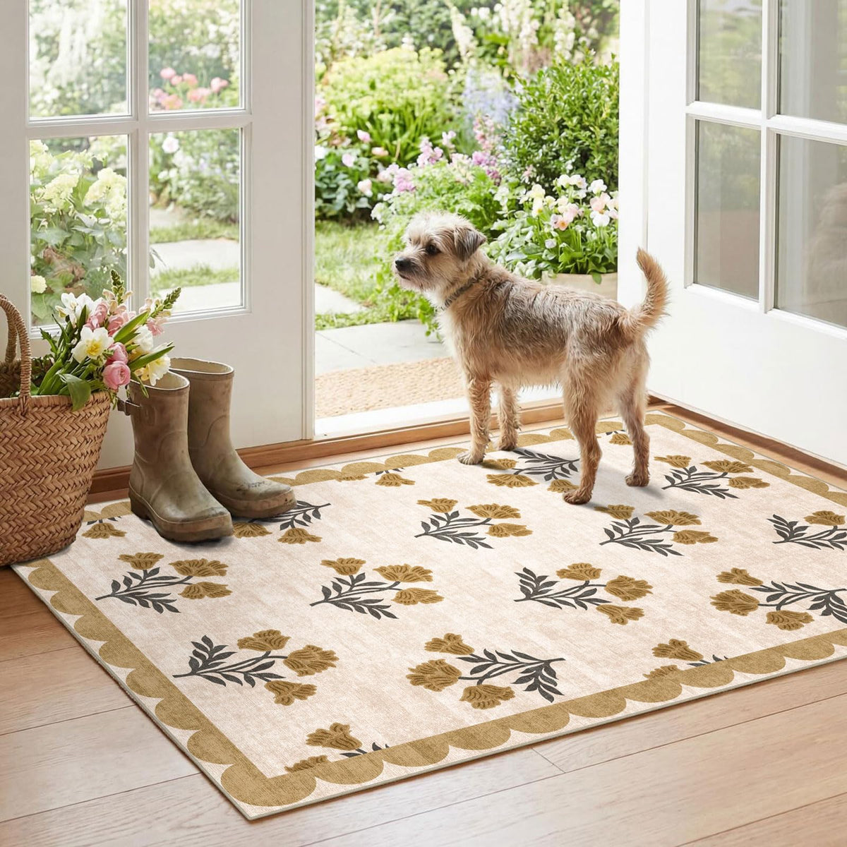 Othilic Indoor Outdoor Front Door Mat - 2x3 Black Tan Checkered Diamond Rug