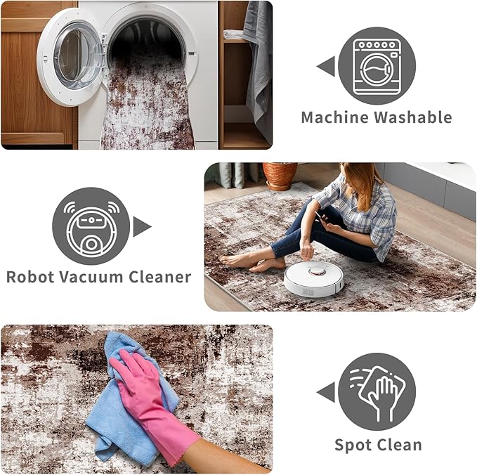 4x12 Runner Rug for Wide Hallway: Long Washable Runners for Entryway Living Room Dining Room - Stain and Water Resistant Rugs with Non-Slip Backing - Soft Low-Pile Carpet Brown Khaki White