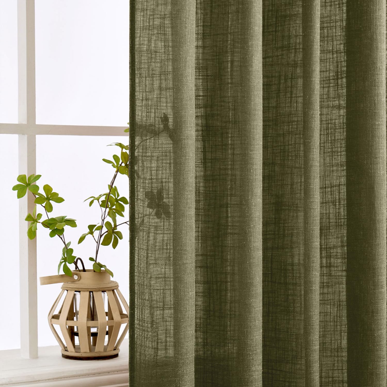 MIULEE Light Olive Green Linen Curtains 52x108 Inch 2 Panels for Bedroom