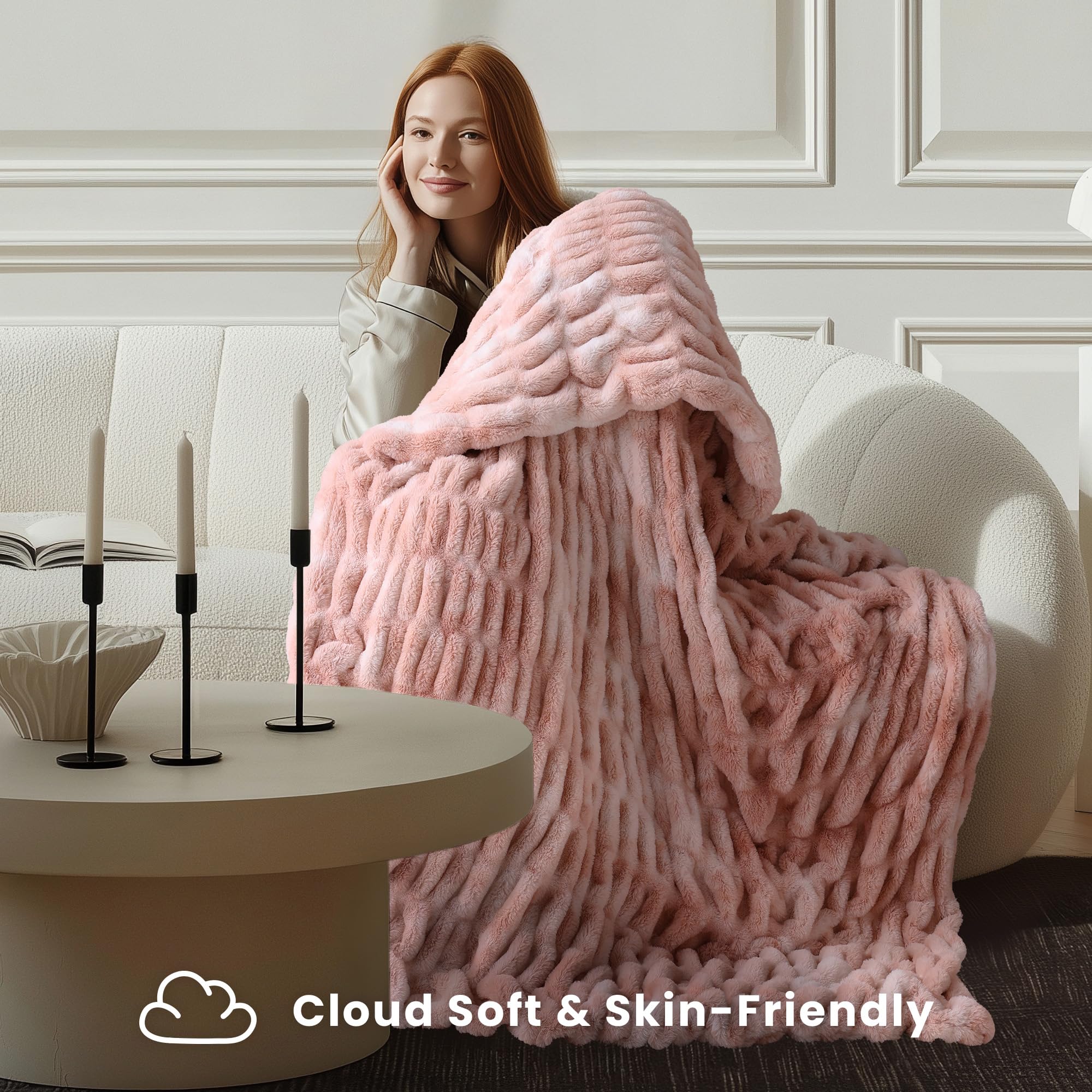 blunique Luxury Faux Rabbit Fur Throw Blanket 50x60, Ultra Soft Double Sided Plush Throw for Couch, Sofa, Bed and Living Room, Cozy Fluffy Decorative Blanket, Tie-Dye Pink