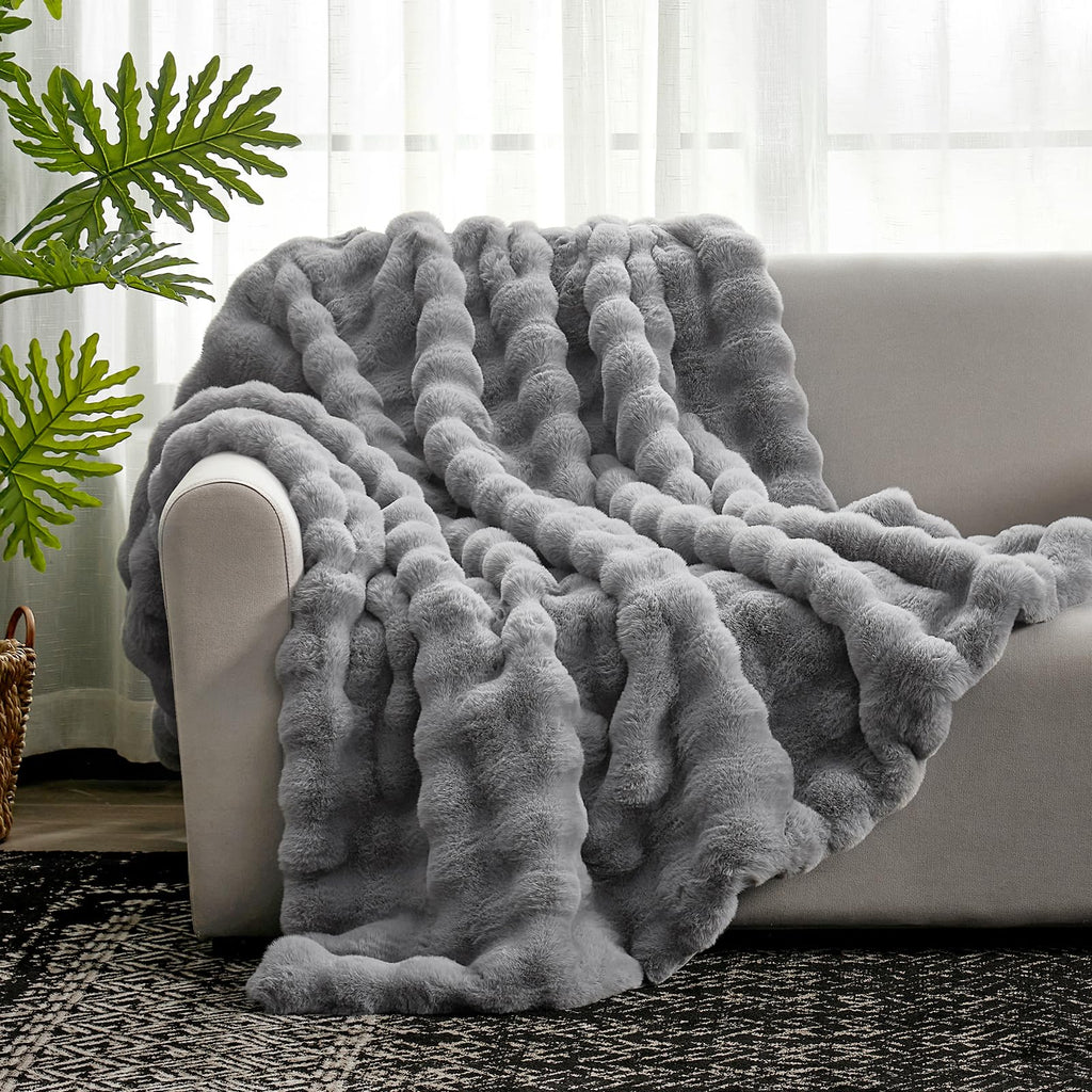 Cozy Bliss Faux Fur Throw Blanket for Couch, Fuzzy Soft Plush Thick Bubble Blanket for Sofa Bedroom Living Room, 60 * 80 Inches Light Grey