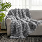 Cozy Bliss Faux Fur Throw Blanket for Couch, Fuzzy Soft Plush Thick Bubble Blanket for Sofa Bedroom Living Room, 60 * 80 Inches Light Grey