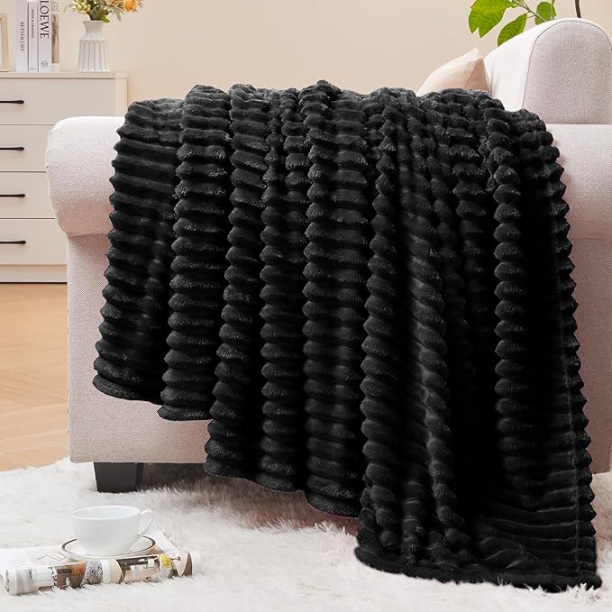 BEDELITE Ribbed Jacquard Black Fleece Throw Blanket for Couch, 50x70 Inch
