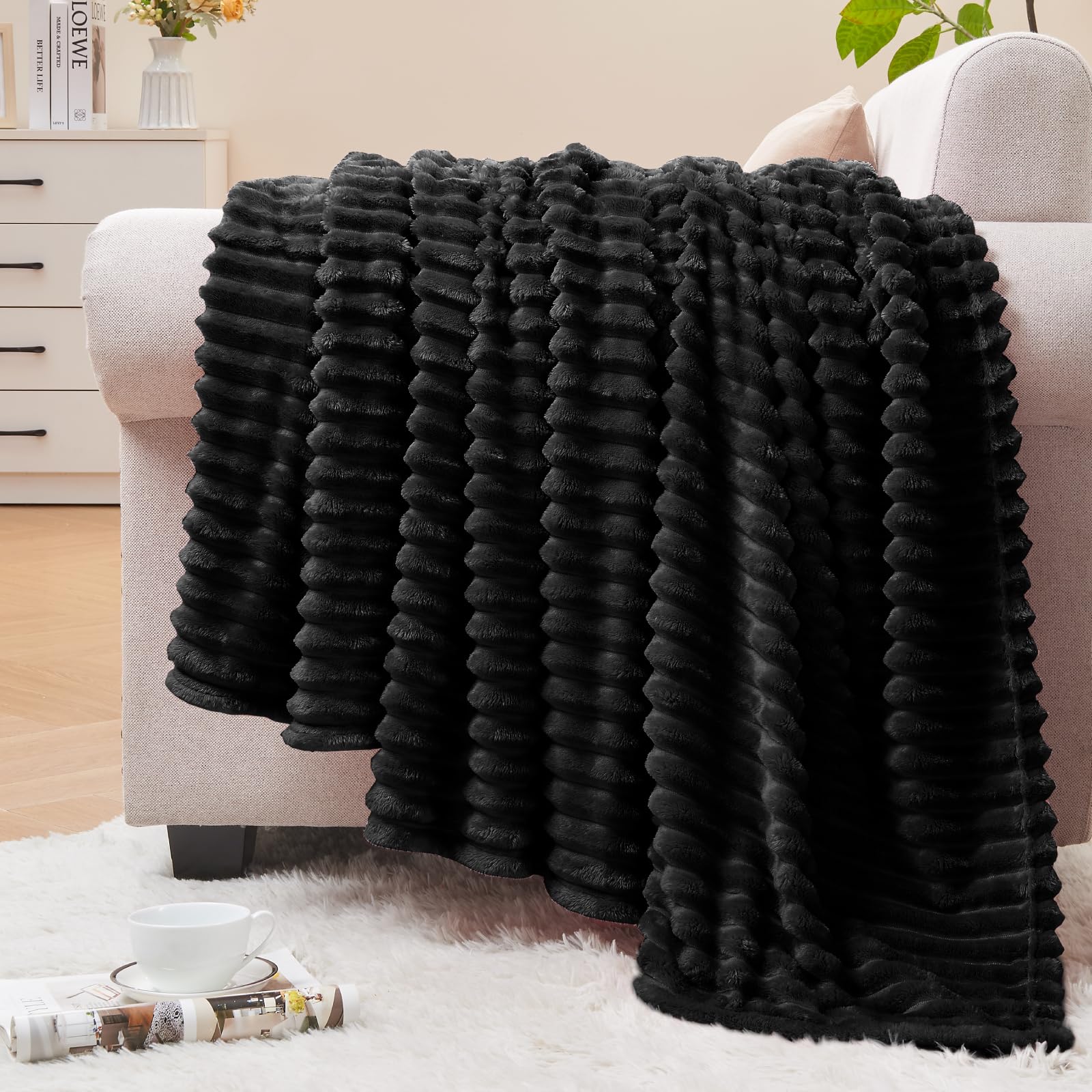 BEDELITE Ribbed Jacquard Black Fleece Throw Blanket for Couch, 50x70 Inch