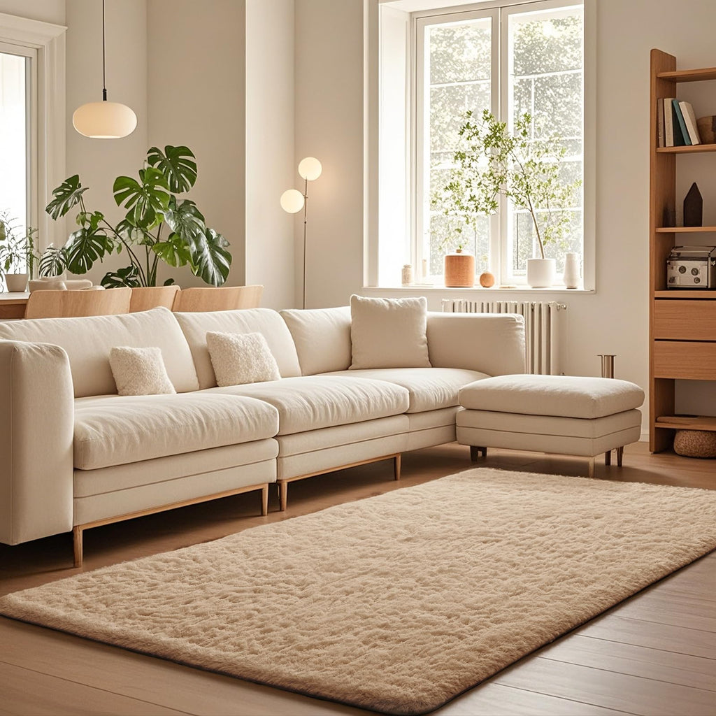 Ophanie Beige Rugs for Living Room Bedroom, 5x8 Fluffy Fuzzy Furry Carpet, Plush Soft Shaggy Bedside Indoor Floor Area Rug for Kids Nursery Home Decor with Over 999 pcs Non-Slip Backing Pattern